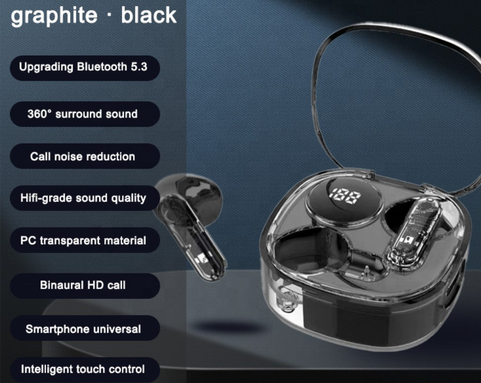 Transparent Bluetooth Earbuds with LED Battery Display – Wireless Earphones