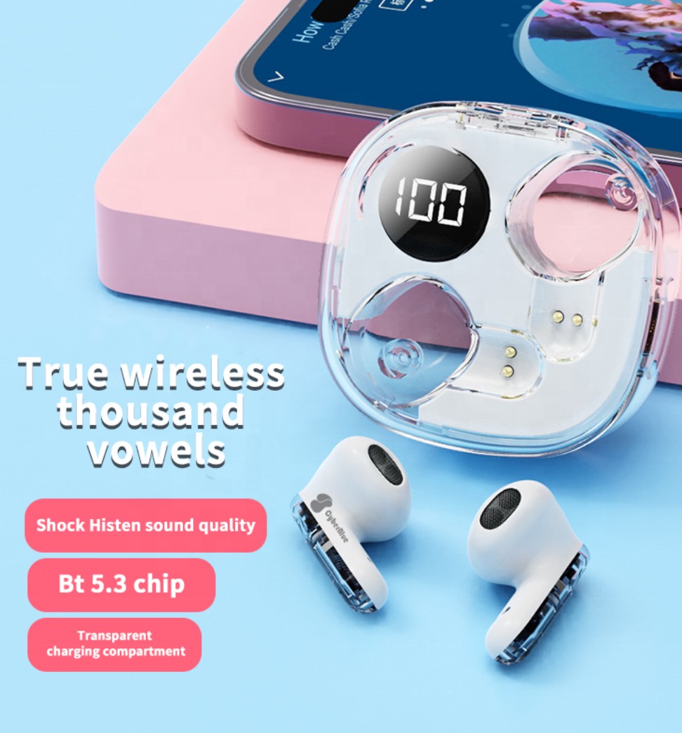 Transparent Bluetooth Earbuds with LED Battery Display – Wireless Earphones