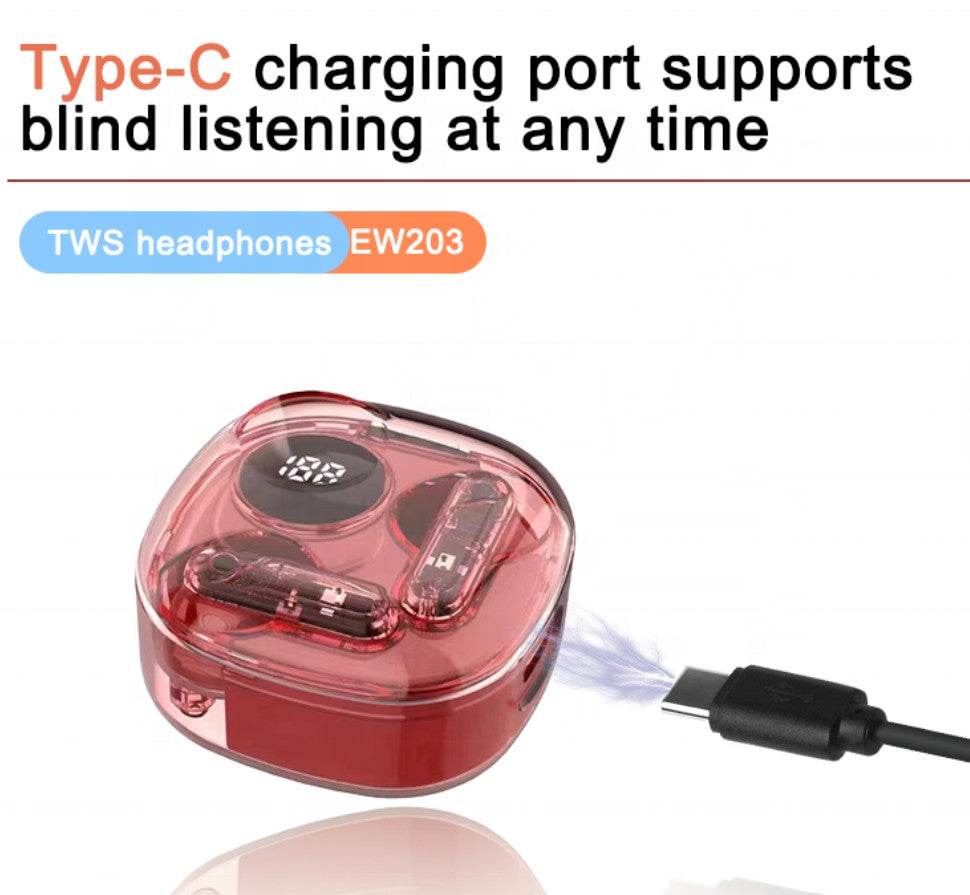 Transparent wireless earbuds with LED digital battery display and charging case UAE